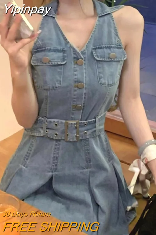 Yipinpay Summer Slim Sexy Vintage Denim Dress Woman Casual Sleeveless Short Party Dress Elegant Pure Color Strap Mini Dress Korean Tunics Modern contemporary