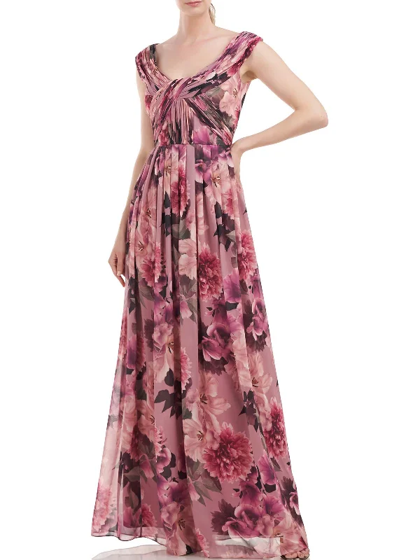 Womens Floral Pleated Evening Dress Tunics Chic fashionable