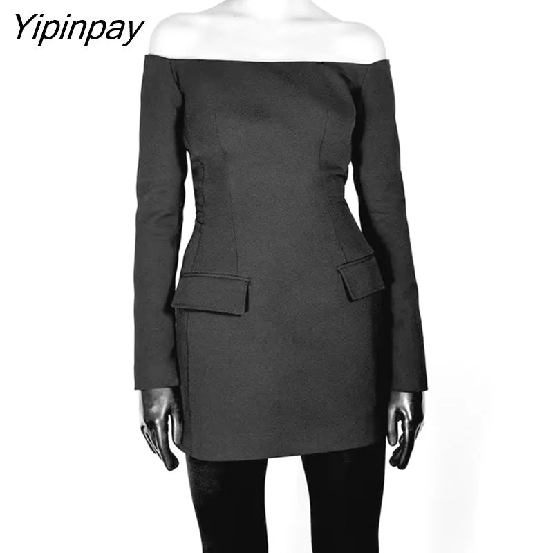 Yipinpay 2023 Autumn Ladies Sheath Mini Dresses Elegant Slash Neck Off Shoulder Party Dresses Vintage Pockets Long Sleeve Vestidos Tunics Luxurious high-end