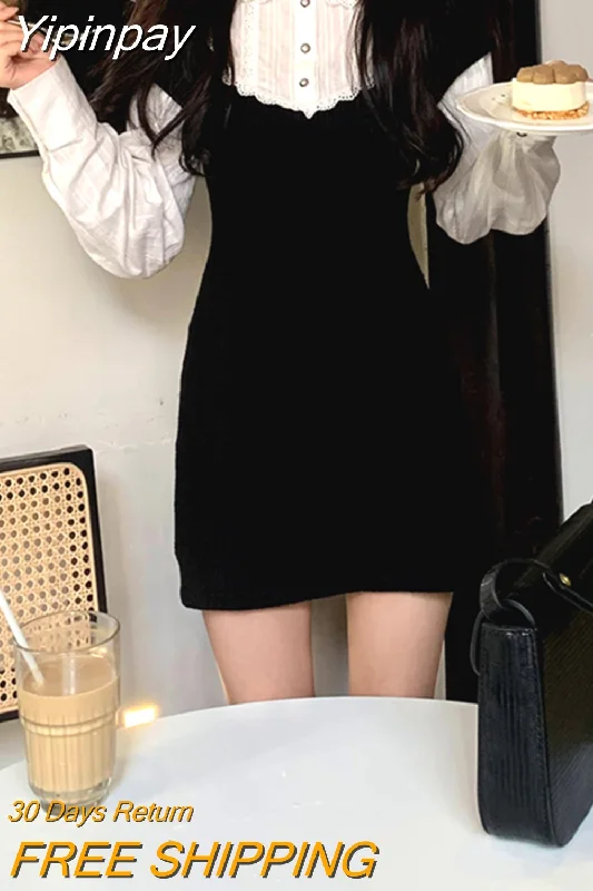Yipinpay Autumn Korean Fashion Fake Two Dress Woman Casual Long Sleeve Short Party Dress Sexy Bodycon Y2k Mini Dress Slim Female Tunics Vintage classic