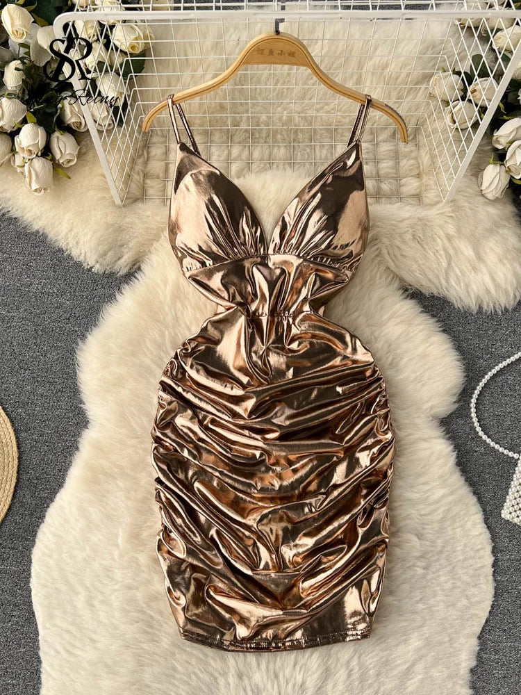 Yipinpay Summer Strap Shiny Party Dress Women V Neck Sleeveless Slim Backless Short Sundress Streetwear Ruched Beach Mini Dress Tunics Versatile stylish
