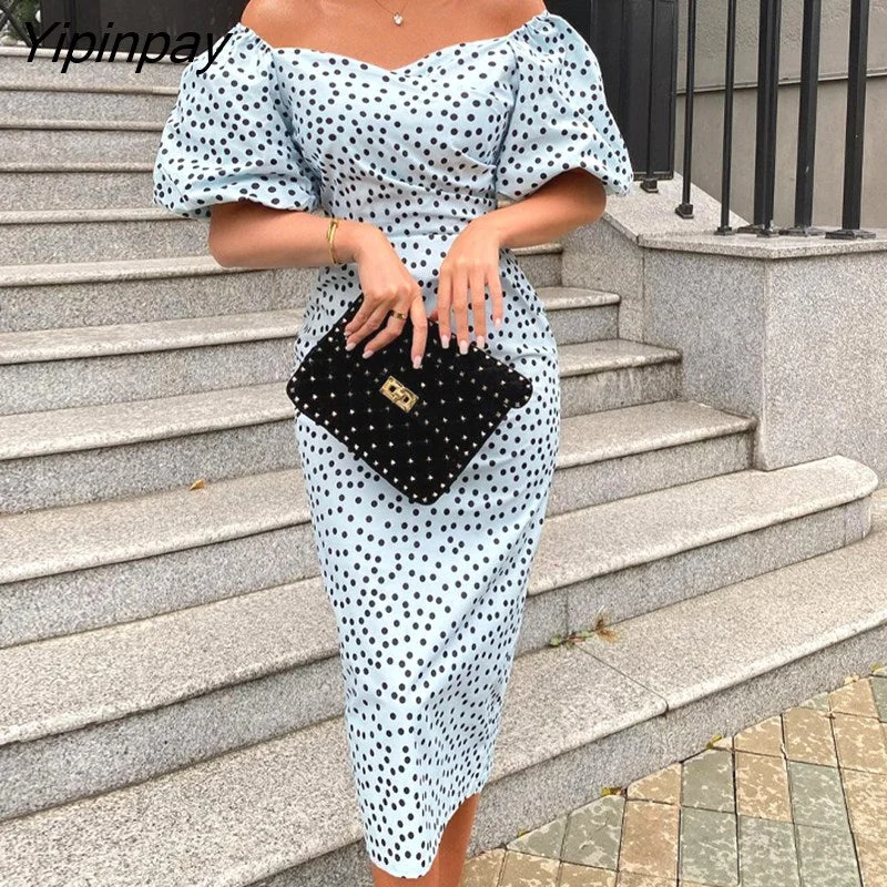 Yipinpay Women Elegant Half Lantern Sleeves Polka Dot A-line Bodycon Midi Formal Party Dress Tunics Trendy modern