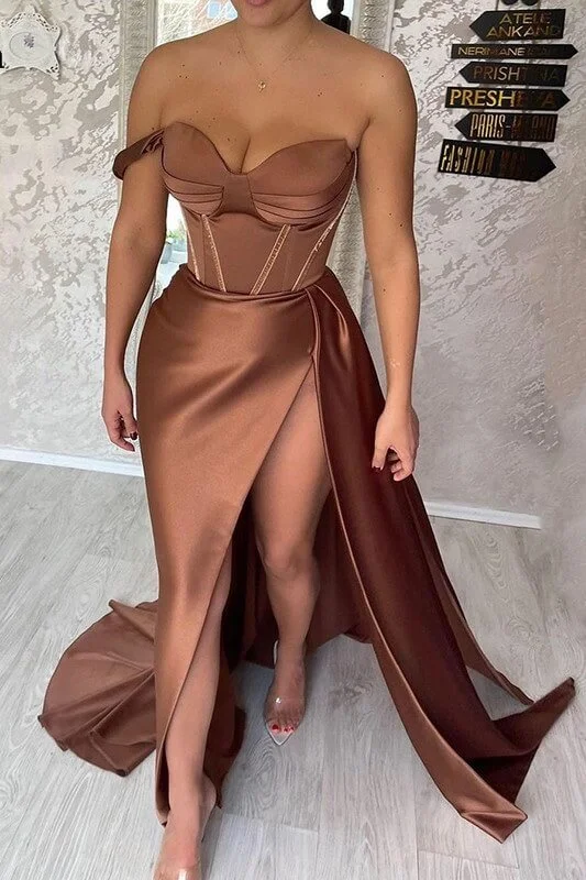 Chocolate Sweetheart Formal Evening Gowns Sexy Corset Prom Dresses,Side Split Satin Party Dress Tunics Ceremony elegant