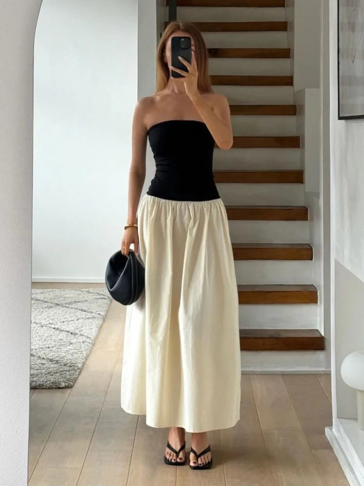 Patchwork Strapless Sleeveless Dress Women's Contrast Color A-Line High Waist Long Party Dress Fashion Outfits Female New Tunics Lace romantic