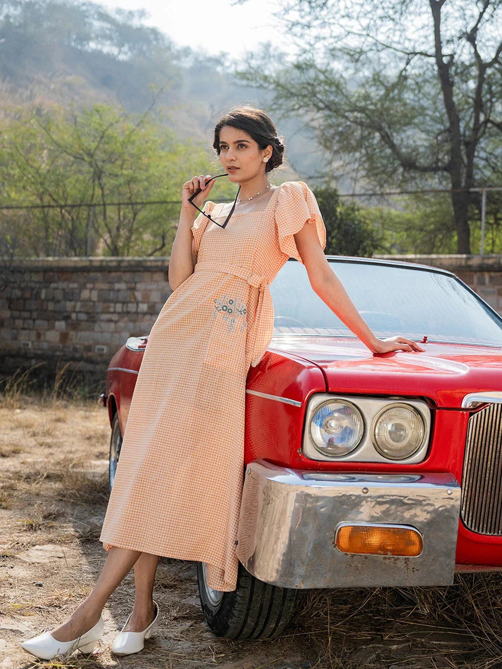 Orange Checked Dress Tunics Hiking breathable