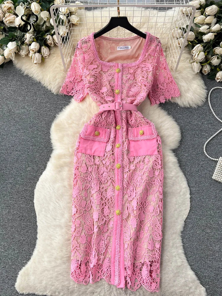 Yipinpay France Senior Vintage Dress Women Square Collar Short Sleeves Belt Pockets Embroidery High Quality Elegant Party Dress Tunics Top rated