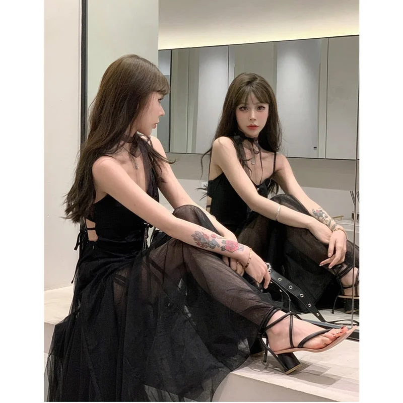 yipinpay Summer Women's Black Dress Lace Fashion Gauze Skirt Puffy Party Dress Backless Prom French Vintage Long Dresses for Women Off-the-shoulder Bohemian Festive