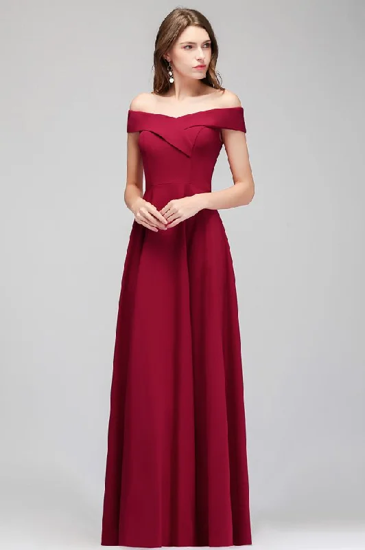 Off-the-shoulder Floor Length Burgundy Party Dress A-Line Day Work