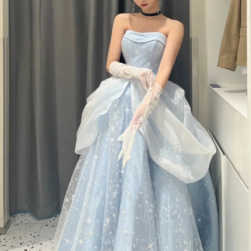 Cinessd  Temperament Blue Prom Dress Removable Shoulder Jacquard Dress France Vintage Sweet Princess Fairy Dress Evening Party Dress Tunics Polka dots