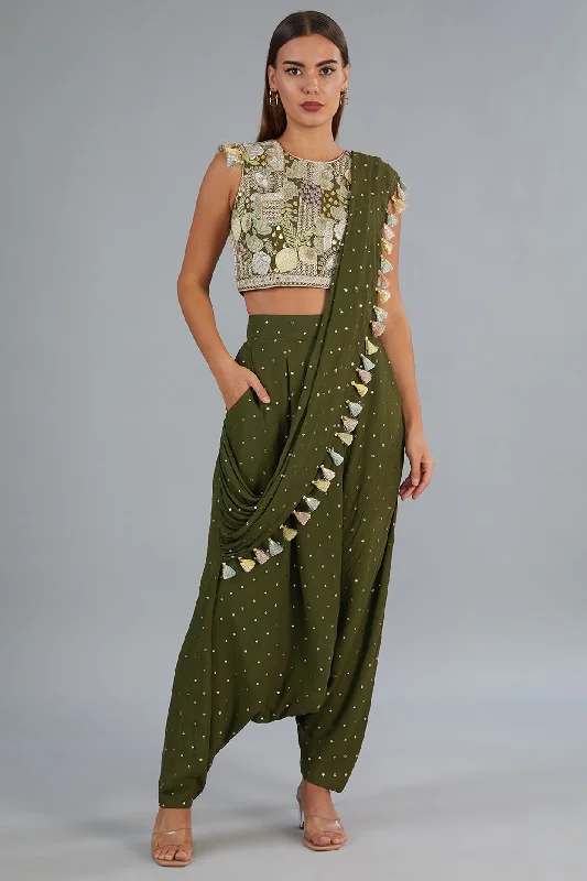 Olive Green Embroidered Top With Pant Slim Fit Casual Pants
