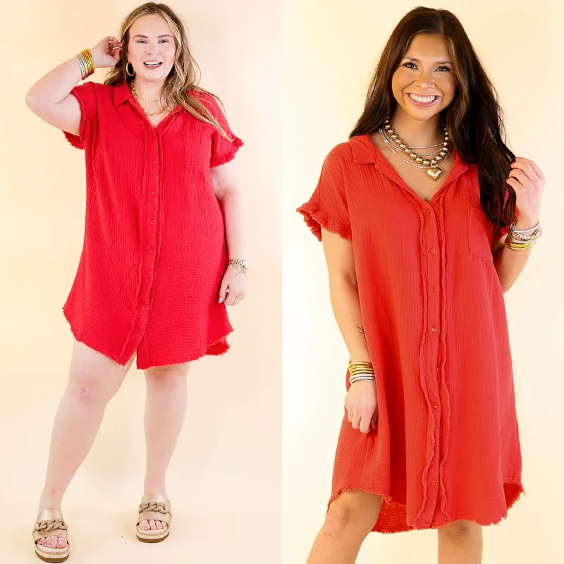 Spring Glow Button Up Raw Hem Dress in Red Tunics Prom sequined