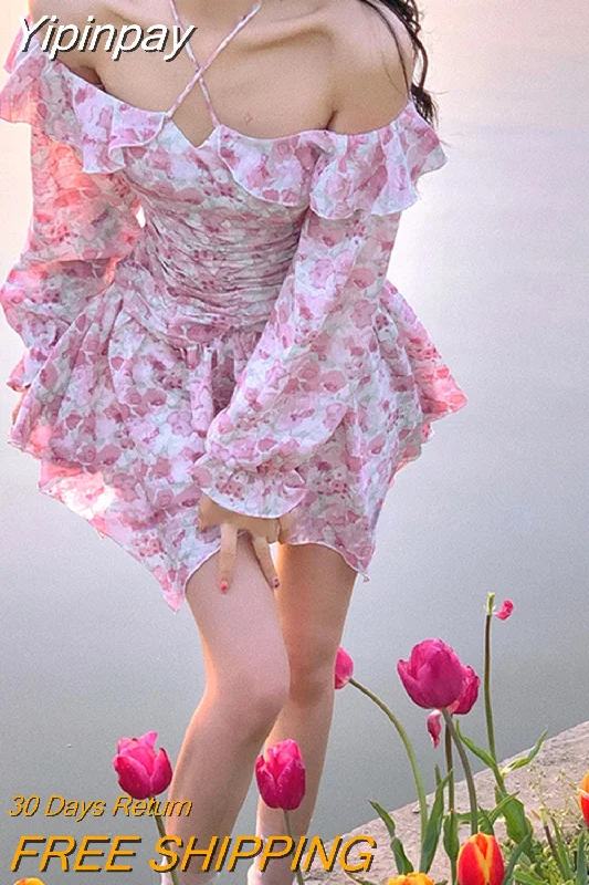 Yipinpay Shoulder Floral Y2k Mini Dress Woman French Elegnat Short Party Dress 2023 Summer Casual Sweet Sexy One Piece Dress Korean Tunics Fashionable trendy