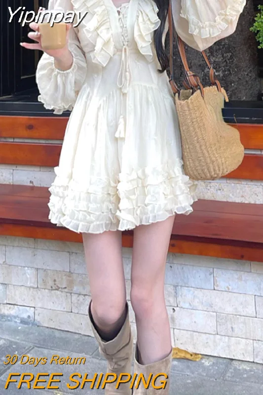Yipinpay Autumn Fairy Pure Color Mini Dress Woman Casual Long Sleeve Elegant Dress Korean Fashion Short Party Dress Chic Design Tunics Trousers formal