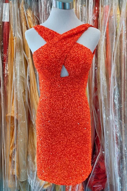 Orange Sequins Cross Front Bodycon Mini Party Dresses Tunics Running lightweight