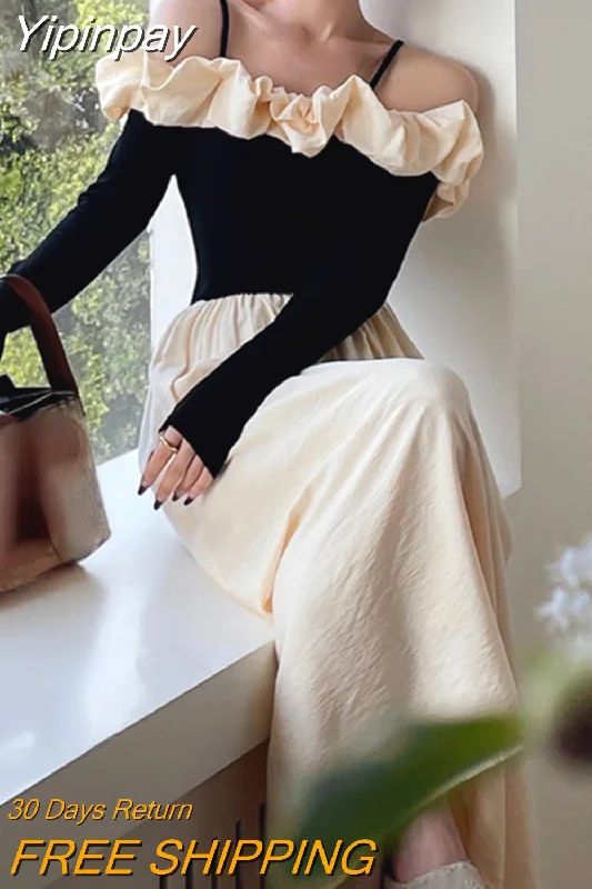 Yipinpay Sleeve Elegant Midi Dress Woman Casual Korean Fashion Evening Party Dress 2023 Autumn Patchwork Design Slim Vintage Dress Tunics Cozy comfortable