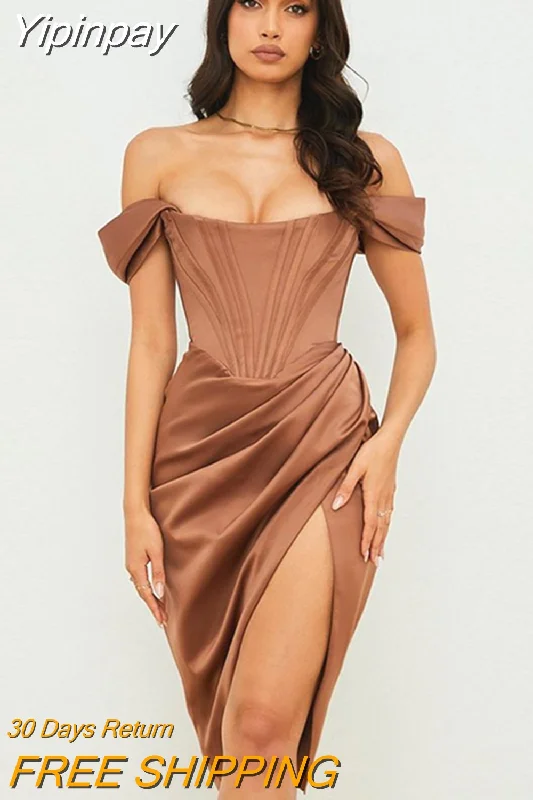 Yipinpay Quality Satin Bodycon Dress Women Party Dress 2023 New Arrivals White Midi Bodycon Dress Celebrity Evening Club Dress Tunics Luxurious high-end