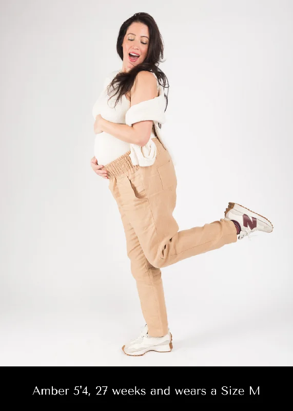 Adult Plus Size Transitional Maternity Smocked Linen Pant - Camel Slim-Fit Leggings