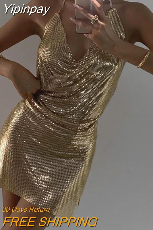 Yipinpay Gold Sequins Diamonds Sexy Night Party Dress Women Sleeveless Halter Backless Mini Dresses Femme Clubwear V-Neck Vestidos Bodycon Fitted Nightout