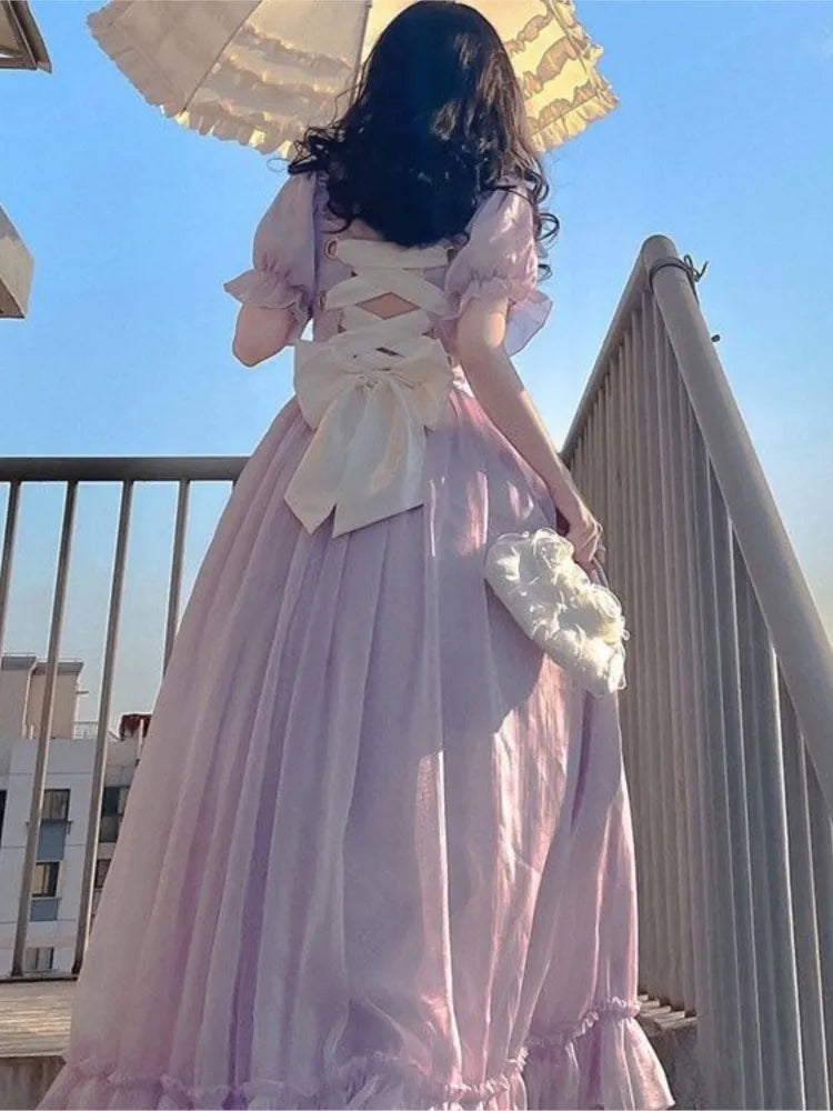Cinessd Christmas Gift Outfit  France Vintage Mesh Dress Women Summer Purple Long Dress Retro Evening Party Dress Sweet Korean Princess Fairy Dress prom dress Tunics Sale discount