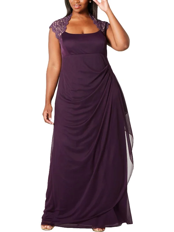 Womens Lace Trim Gathered Evening Dress Tunics Bridal satin