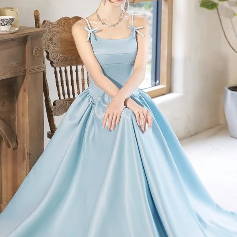 Cinessd Romantic Blue Prom Dress Women Luxury Satin Spaghetti Strap Pearl Bow A-Line Formal Occasion Dresses Floor-Length Party Dresses Tunics Short Trendy Cinessd Romantic Blue Prom Dress Women Luxury Satin Spaghetti Strap Pearl Bow A-Line Formal Occasion Dresses Floor-Length Party Dresses Tunics Short Trendy