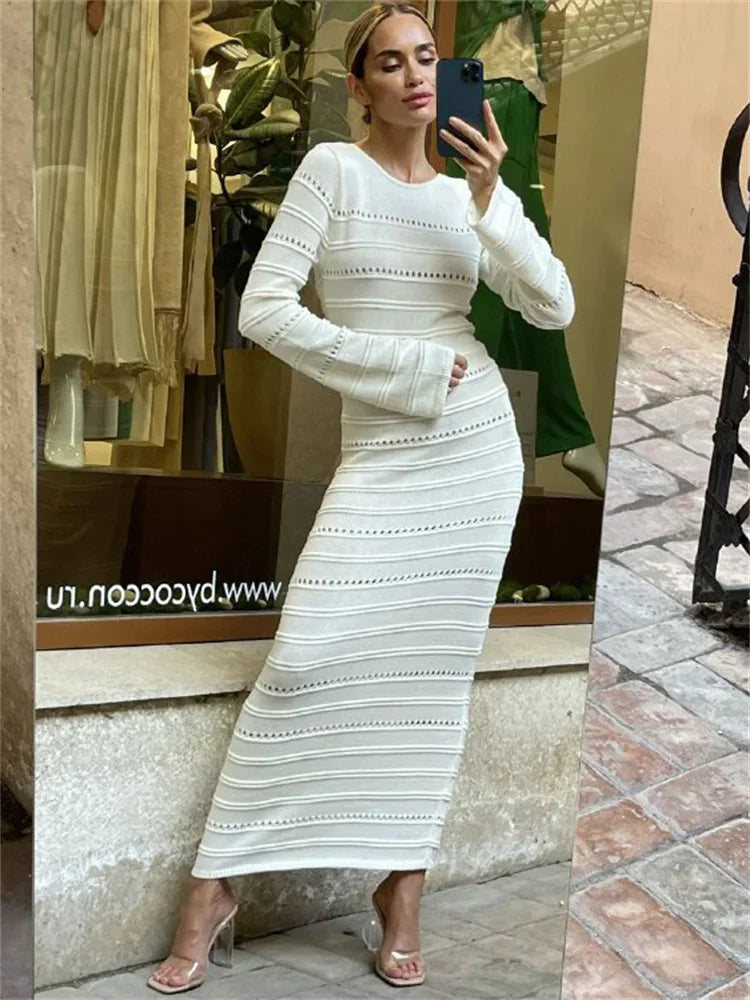 Hollow Out Bodycon Knit Dress Female Patchwork Solid High Waist Long Sleeve Fashion Knitwear Party Dress Gown Streetwear sweetheart Neckline Romantic