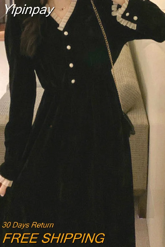 Yipinpay Vintage Dress Women Long Sleeve Solid Black Party Dress Female V-Neck Lace Midi Gothic Dress Autumn 2023 Office Lady Tunics Corduroy durable