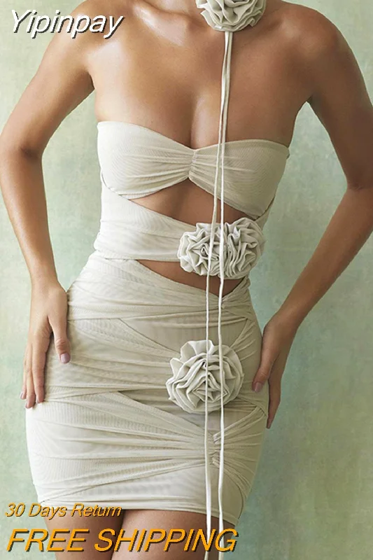 Yipinpay New Tube Mini Dress for Women Festival Celebrity Wear Elegant Sexy Cut Out Mesh Ruched Bodycon Night Club Party Dress Tunics Wedding white