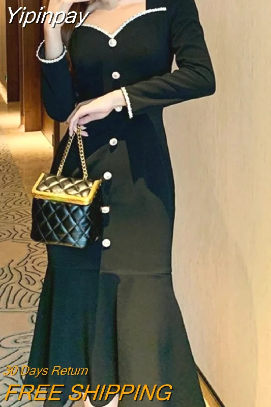 Yipinpay Fashion Black Elegant Dress Office Lady 2023 Autumn Vintage Midi Dress Women Casual Long Sleeve Evening Party Dress Button Tunics New arrival