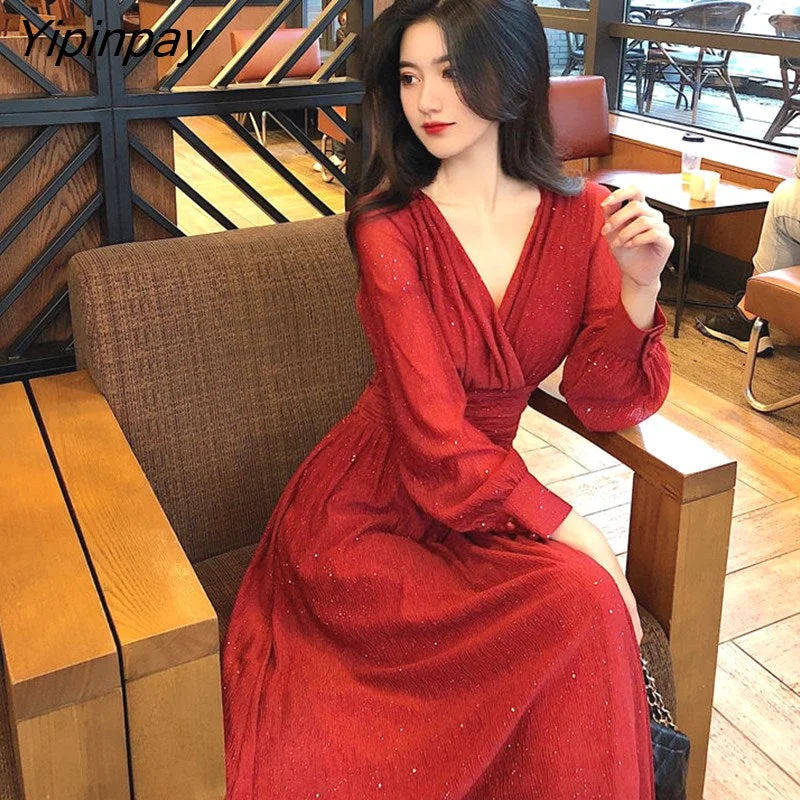 Yipinpay Spring Vintage Glitter Long Maxi Dress Women High Waist Long Sleeve Elegant Boho Women Dresses Plus Size Shiny Party Dress Chiffon Maxi Beach