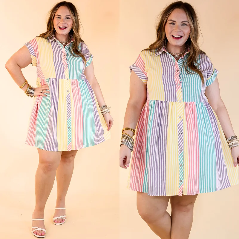 Spring Symphony Multi Color Striped Dress with Collar Tunics Running lightweight