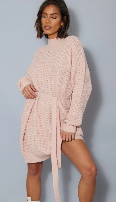 baby pink soft belted knitted jumper dress Tunics Yoga stretchy