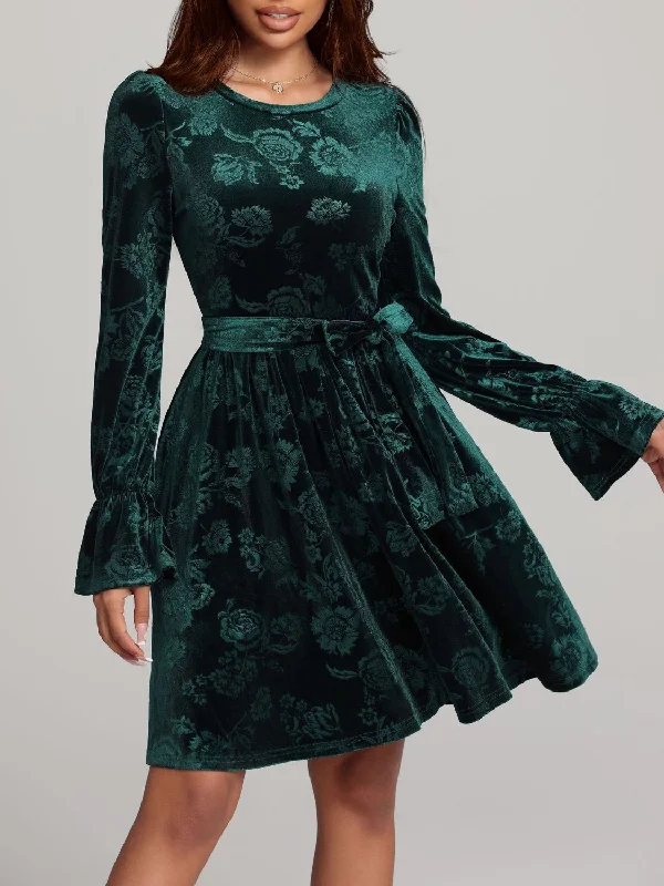 Tied Flower Print Round Neck Flounce Sleeve Dress Tunics Luxurious premium