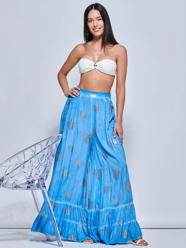 Abstract Print Palazzo Style Holiday Pants, Blue Abstract Relaxed Fit Trousers