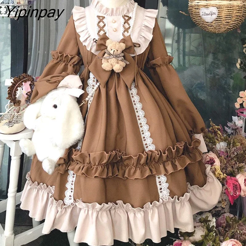 Yipinpay HOT Sweet Girl Lolita Dress Women Vintage Patchwork Dress Cute Female Cosplay Little Party Dress Lace Sexy Club
