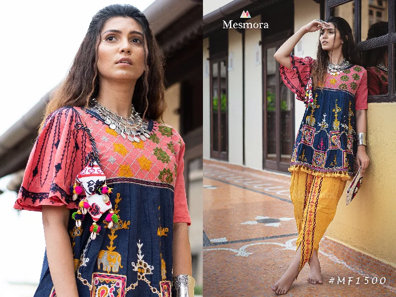 Navy blue Handloom Cotton Embroidered kedia with one side umbrella sleeve and tulip pants set (MF1500) Comfortable Jogging Pants