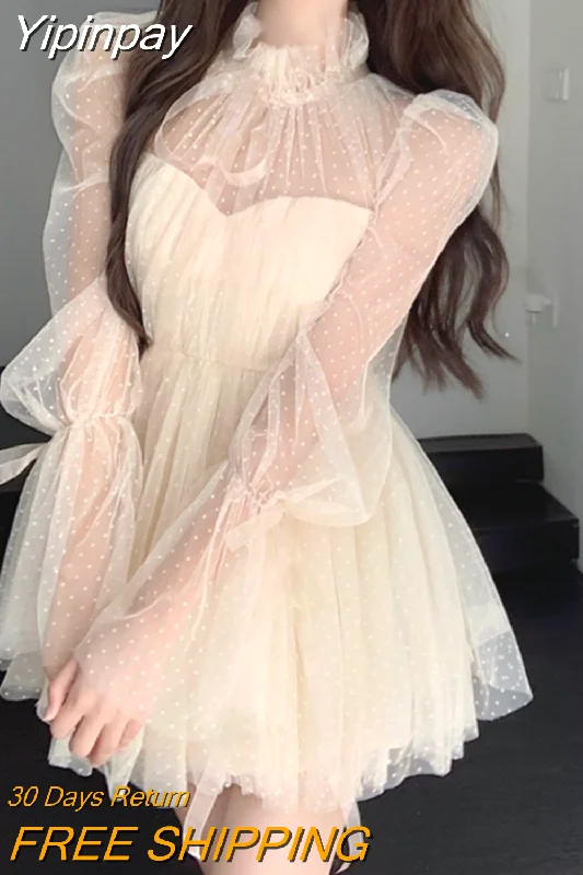 Yipinpay Dot Y2k Mini Dress Woman Solid Vintage Puff Sleeve Dress Kawaii Slim 2023 Spring Korean Fashion Evening Party Dress Gothic Tunics Essential wardrobe