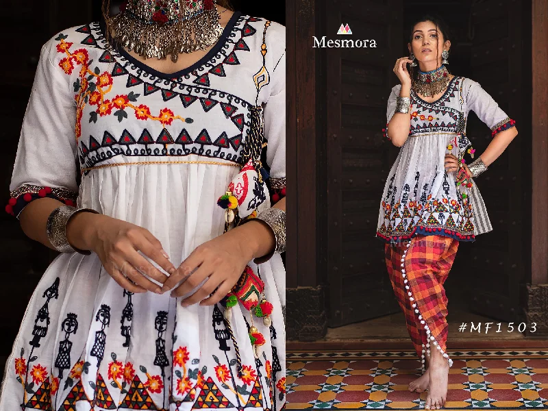 Pure white angarkha yoke dhingli embroidered kedia and chex tulip pants set (MF1503) Fashionable Button-Up Pants