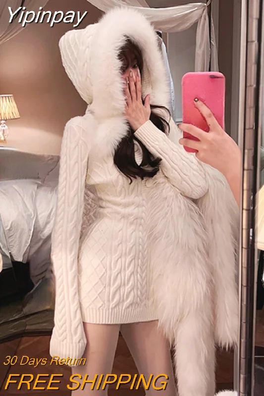 Yipinpay Winter Elegant Bodycon Y2k Mini Dress Woman Hooded Pure Color Short Party Dress Casual Long Sleeve Knitted Dress Korea Chic Tunics Gym athletic