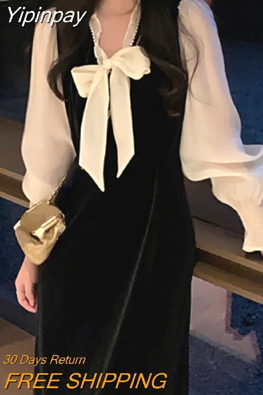 Yipinpay Elegant Evening Party Dress Woman Long Sleeve Vintage Velvet Dress Casual 2023 Autumn Design Slim Korean Fashion Dress Tunics Fleece cozy