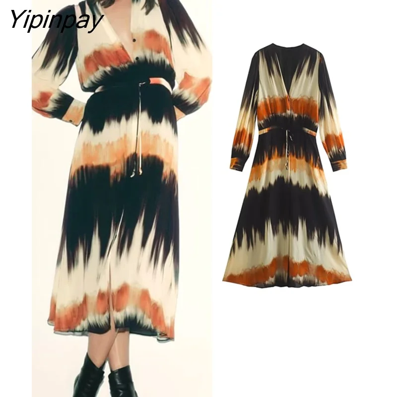 Yipinpay Elegant 2023 Women Tie Dye Dresses WIth Belt Spring Autumn Fashion A-line V-Neck Party Dress Long Sleeve Vestidos Tunics Chic elegant