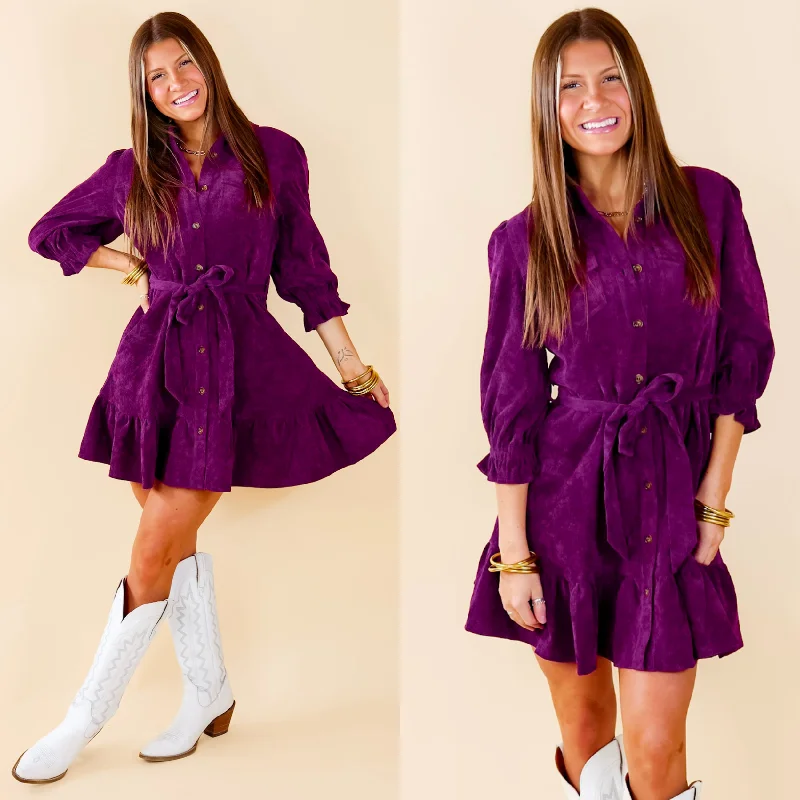 Cinnamon Lane Button Up Corduroy Dress with Waist Tie in Violet Purple Tunics Corduroy durable
