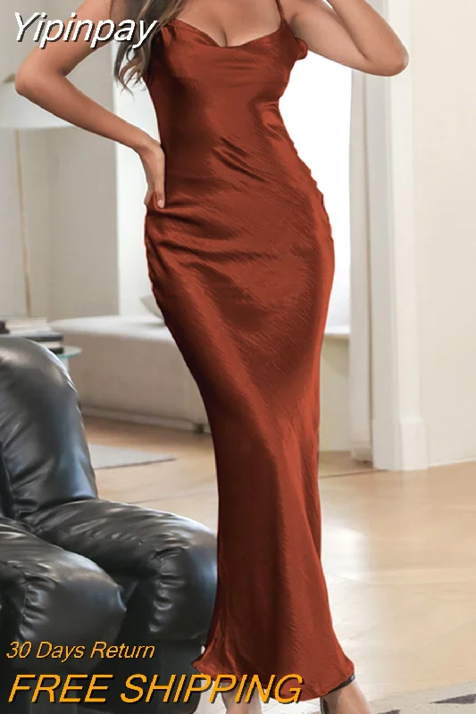 Yipinpay MO Sexy Spaghetti Strap Backless Summer Dress Women Satin Lace Up Trumpet Long Dress Elegant Bodycon Party Dresses 2023 Tunics Party sparkling