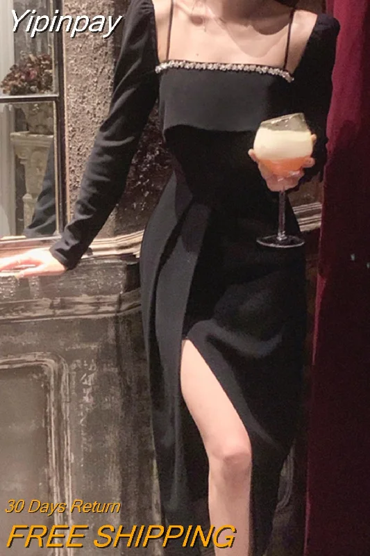 Yipinpay Elegant Evening Party Dress Woman Vintage Black Midi Dress Long Sleeve Casual Slim Dress Korean Fashion 2023 Autumn Chic Tunics Fall fleece