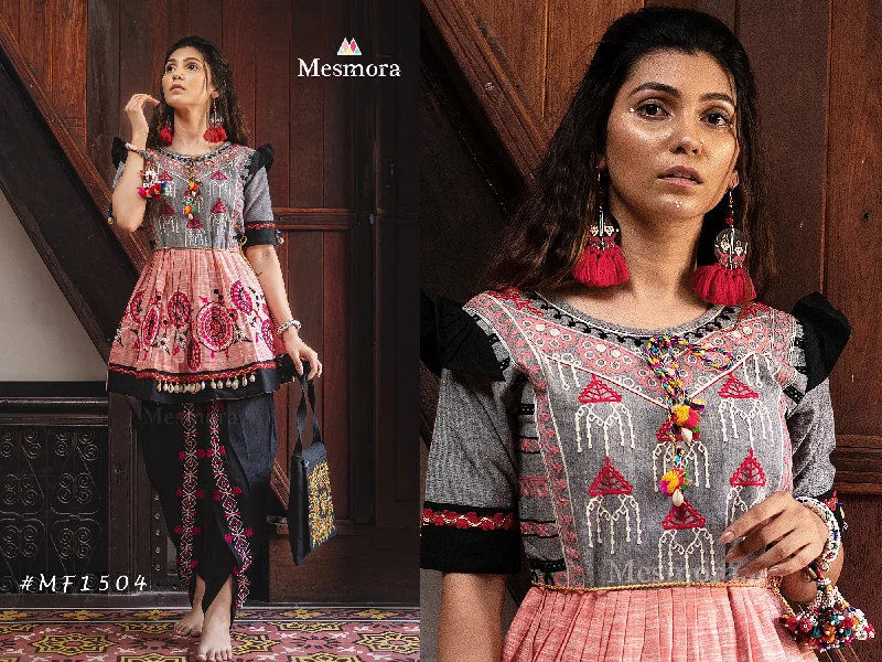 Peach and grey yoke tiny chandilier embroidered Handloom Cotton kedia and black tulip pants set (MF1504) Stylish Slim Trousers