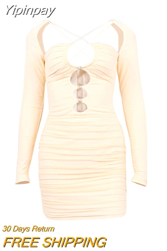 Yipinpay Quality Summer Bodycon Dress Women Party Dress 2023 New Arrivals Cut Out Long Sleeve Dress Evening Club Night Dress Tunics Bridal satin