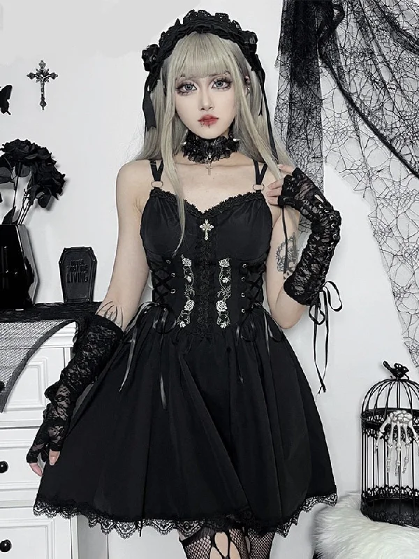Gothic Sexy Black V Neck Lace Up Dress Y2K Aesthetic Grunge Punk High Waist Lace Trim Corset Dresses Ladies Party Dress Tunics Polka dots