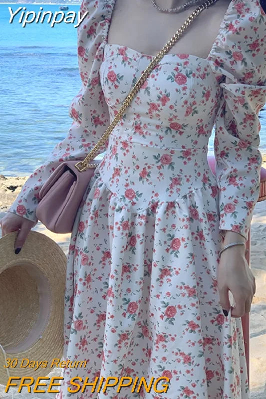 Yipinpay Floral Dress Slim Long Sleeve Elegant Dress Woman Vintage Beach Evening Party Dress Korean Fashion 2023 Spring Casual Chic Tunics Handmade artisanal