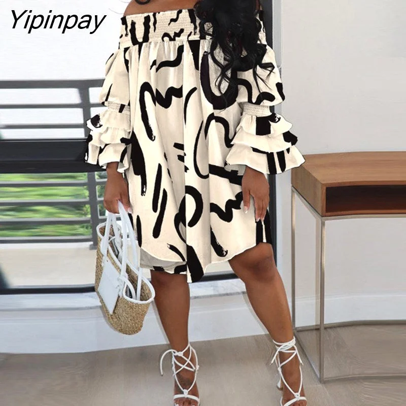 Yipinpay Women Loose Cold Shoulder Slash Collar All Over Print  Flared Sleeves Mini Party Dress Women Dress Top Tunics Occasion special