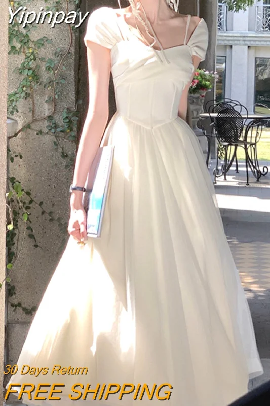 Yipinpay Color French Elegant Dress Office Lady 2023 Summer Short Sleeve Fairy Midi Dress Casual Fashion Evening Party Dress Woman Chiffon Maxi Beach